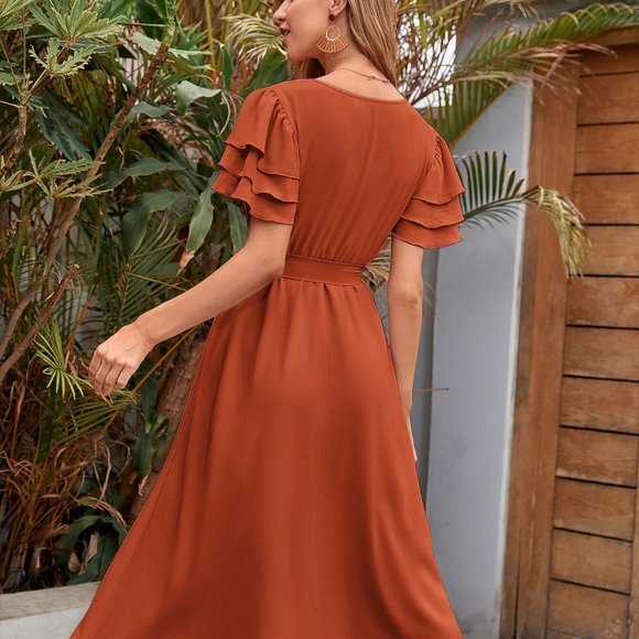 Boho layered V-neck sleeve belted midi dress burnt orange - Picture 6 of 6